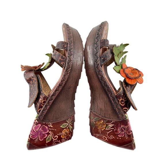 Elite By Corkys Women's Size 7 Leather Floral Wedge Sandals Shelby - Picture 6 of 8